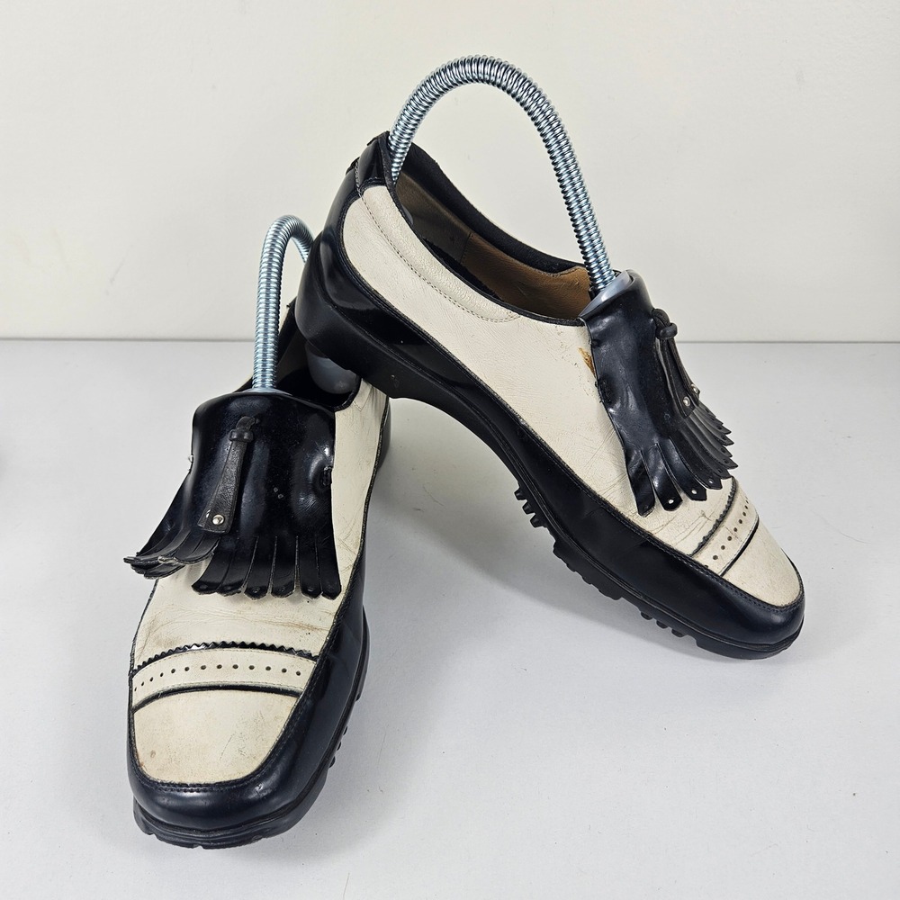 Walter Genuin Women 6.5 Black Cream Leather Kiltie Tassel Golf Shoes Cleats